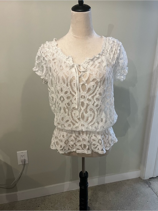 INC International Concepts Tops - INC International Concepts White Lace Short Sleeve Peplum Blouse with Tie